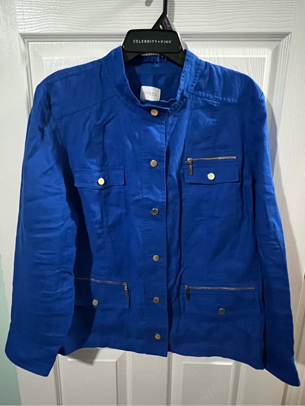 Chico’s royal blue linen utility jacket. Multiple pockets, linen shirt jachet 3